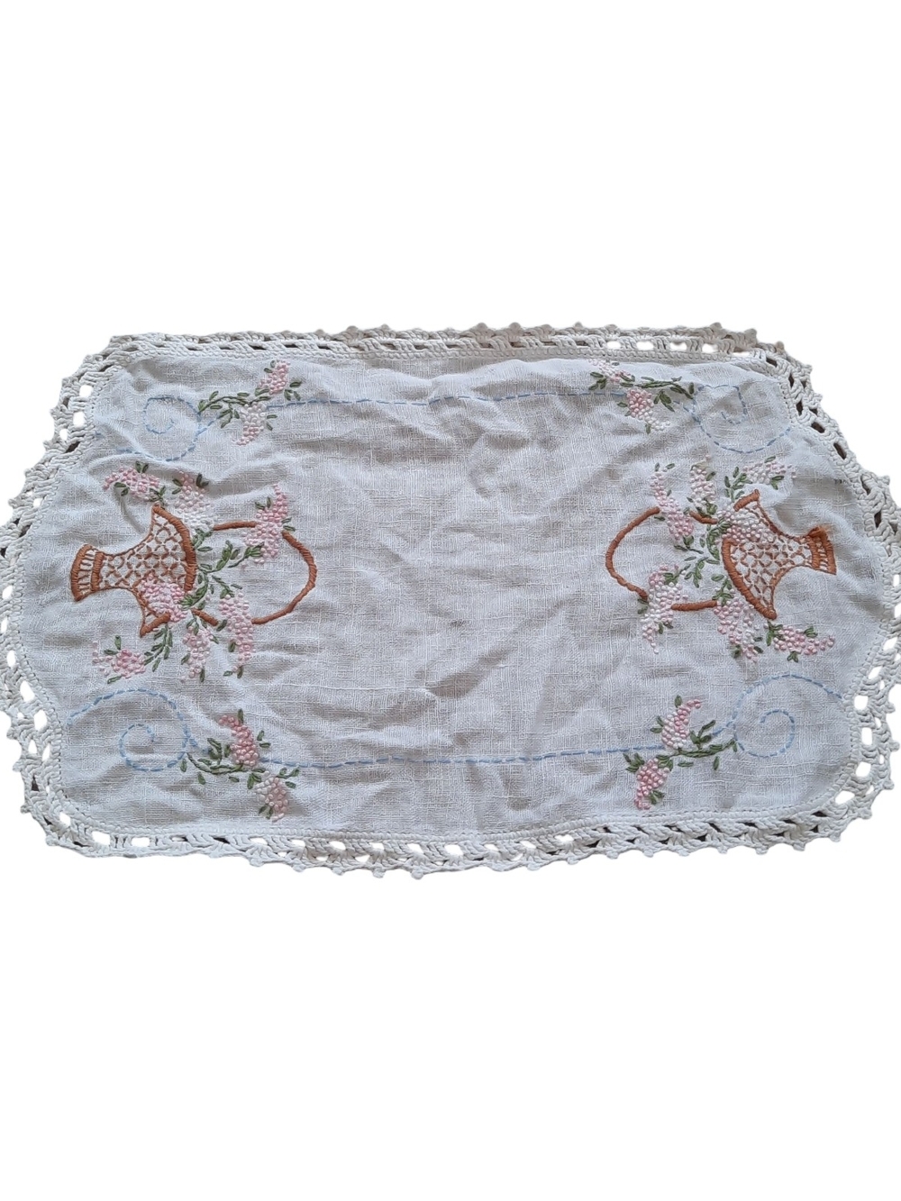 Embroidered White Lace-Edge Table Runner Set - Picture 2 of 5